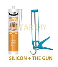 COVE-MATE COVING AND DECORATING ADHESIVE GAP-FILLING QUICK GRAB SKIRTING + GUN