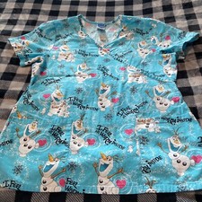 Disney Frozen Olaf Snowman Aqua Blue Womens Scrub Top Size Medium Super Cute 