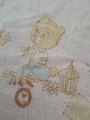 Vintage Cotton Flannel Baby Receiving Blanket Blue Yellow Bunny Flowers EUC
