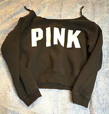 PINK Victoria's Secret Black/White Logo Fleece Pullover Crewneck Pockets M