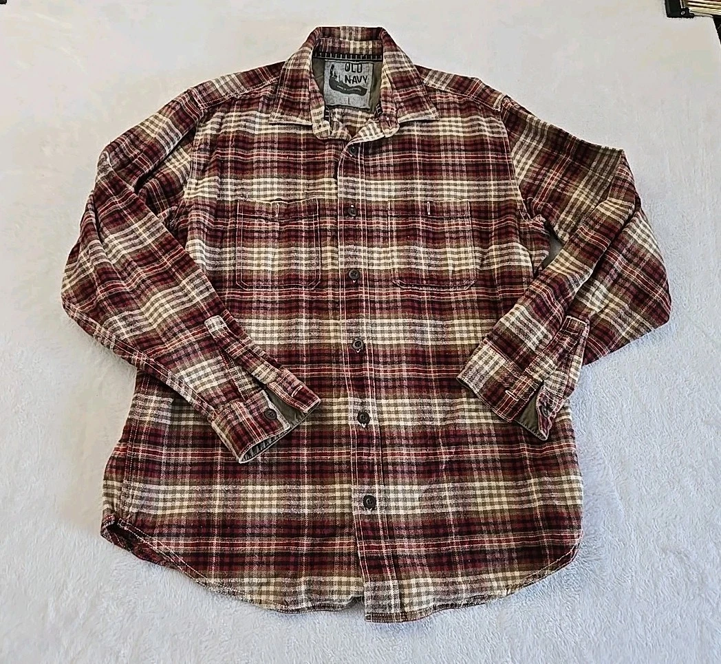 Old Navy Plaid Double-Brushed Flannel Shirt Mens Sz Lg Outdoor Gorpcore Chore