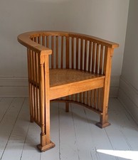 Arts & Craft Style Wooden Barrel Chair with Rattan Seat, Colonial Accent Chair