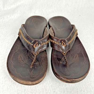 OluKai Men's Mea Ola Flip Flop Brown Tooled Leather Dark Java Mustang Men s 8