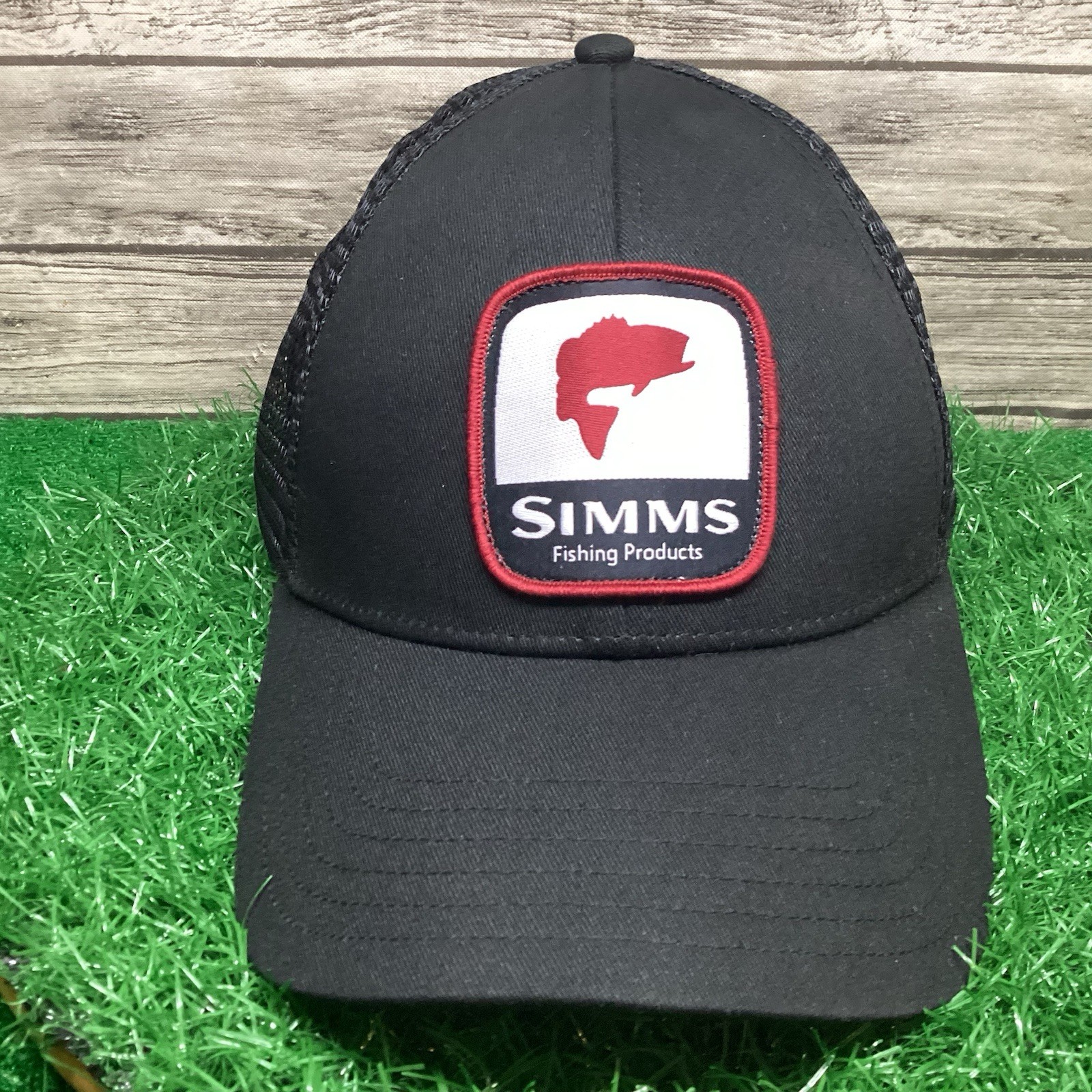 Simms Fishing Products Trucker Hat Cap Black Adjustable Patch Mesh Back Outdoor
