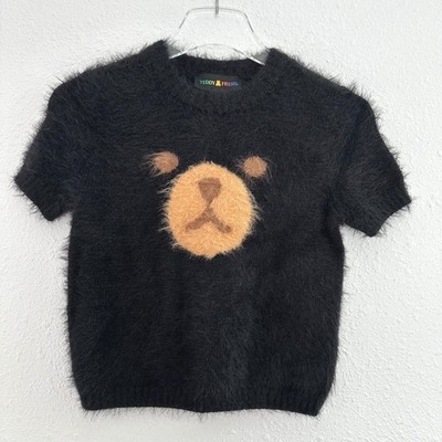 Teddy Fresh Fluffy Bear Sweater Women Small Black Fuzzy Short Sleeve Kidcore