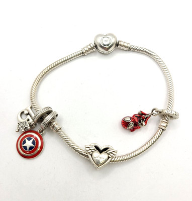 Vintage Pandora Armband mit Charms 925 Sterling Silber Spider Man Avenger Herz
