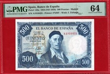 500 Pesetas, 1954, Serial A, PMG 64  Certificate,  SPAIN
