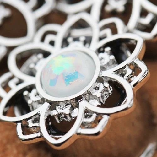 PAR de Tapones Túnel Flor Acero Inoxidable 316L con Ópalo Sintético Blanco Foto 3 de 4