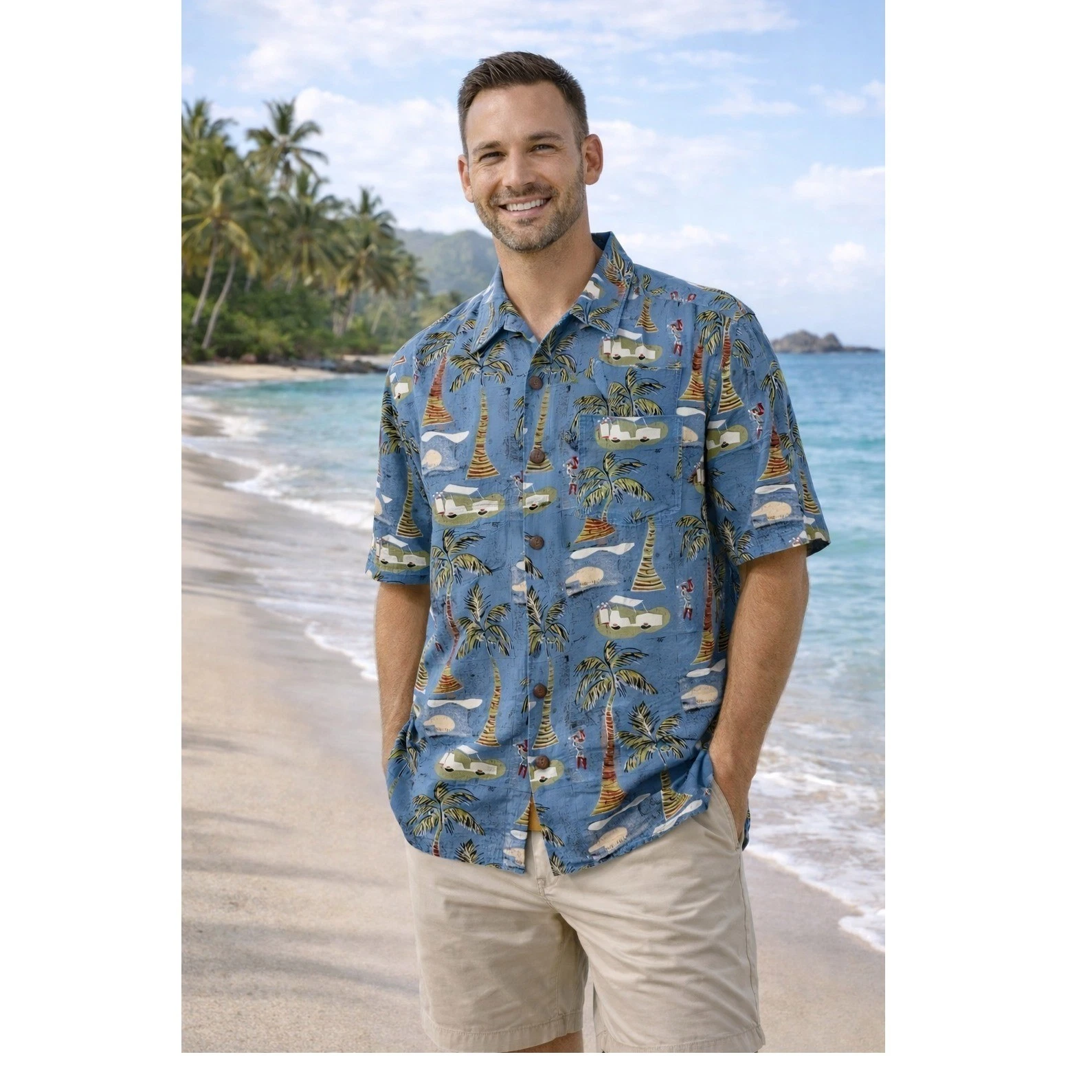 Kahala Golf Hawaiian Shirt Medium Blue Tropical Palm Tree Print Button Up