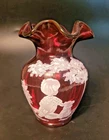 Fenton Cranberry Glass Mary Gregory Style Vase #960/2350 5 inches