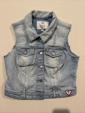 GUESS Women's Light Blue Sleeveless Denim Vest Frayed Edges Button Size M