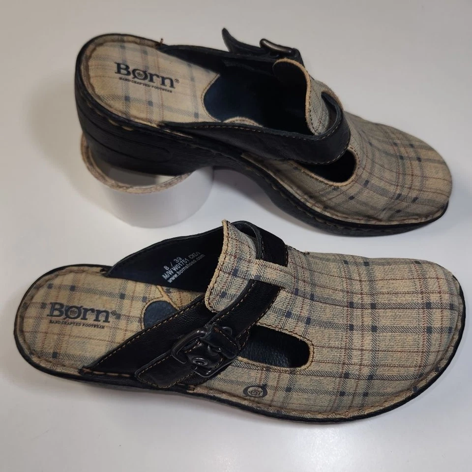 Zuecos cómodos Born Della de cuero a cuadros mulas bohemio hippie boho Y2K talla 8 Foto 2 de 4