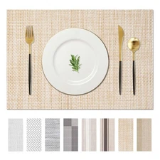 Set of 4 Linen Beige Woven Vinyl Plastic Placemats Non-Slip Heat Resistant