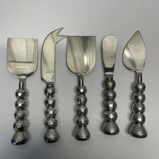 Cheese Serving Set 5-piece Beaded Handles Silver-tone Finish 