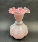 Vintage Fenton Silver Crest Beaded Melon Cased Pink Milk Glass Vase