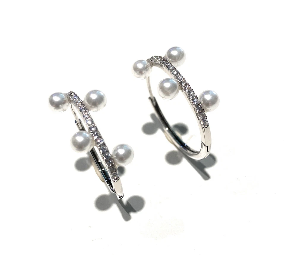 Orecchini Cerchietto Zirconi Argento 925 Rodio Perline Bianche - Immagine 2 di 3