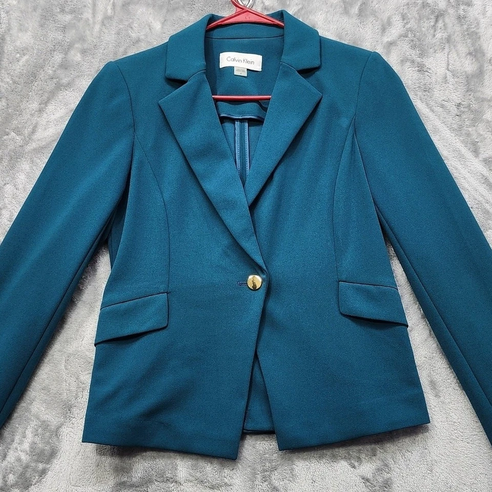 Blazer Calvin Klein Mujer 4 Azul Teal Dorado Botón Único Forrado Elastizado Oficina Foto 2 de 4