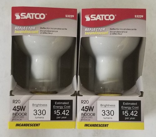 TWO SATCO 45-Watt R20 INDOOR 330 LUMENS REFLECTOR LIGHT BULBS