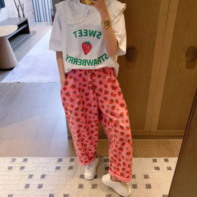 Women sweet wide leg pants strawberry print casual trousers