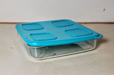 New TUPPERWARE CLEAR Mates Square Low Storage Containers 3150 Teal Blue Seals- 4