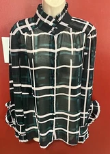 Cabi Blouse Shirt Women’s Size M Green White Pink Cake Ruffle Long Sleeve 3948