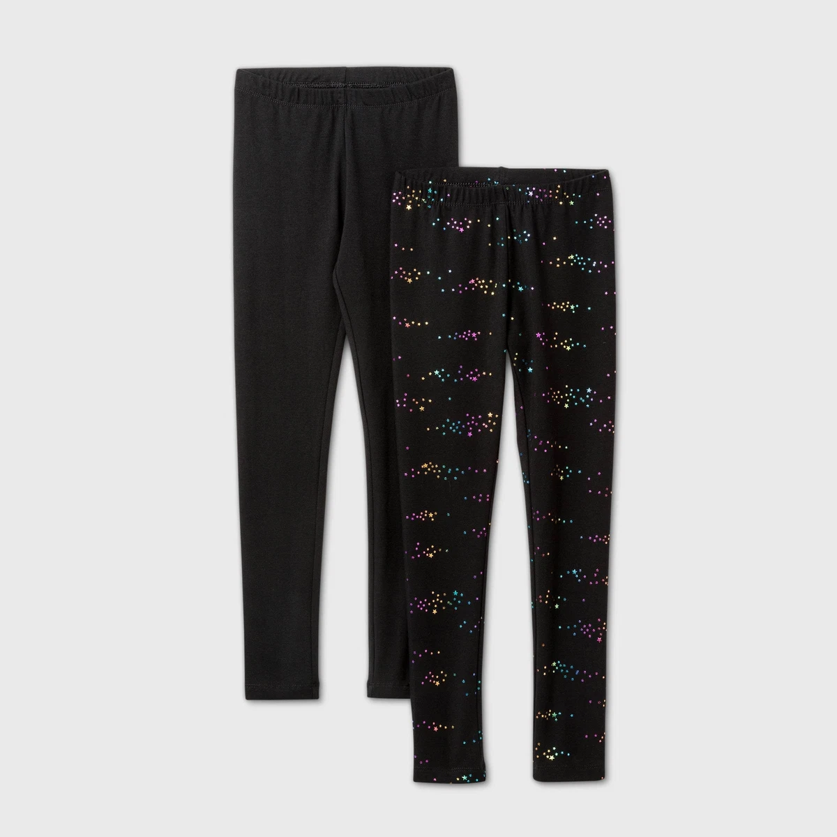 Small 6/6x - Girls 2pk Black and Rainbow Star Foil Leggings - Cat