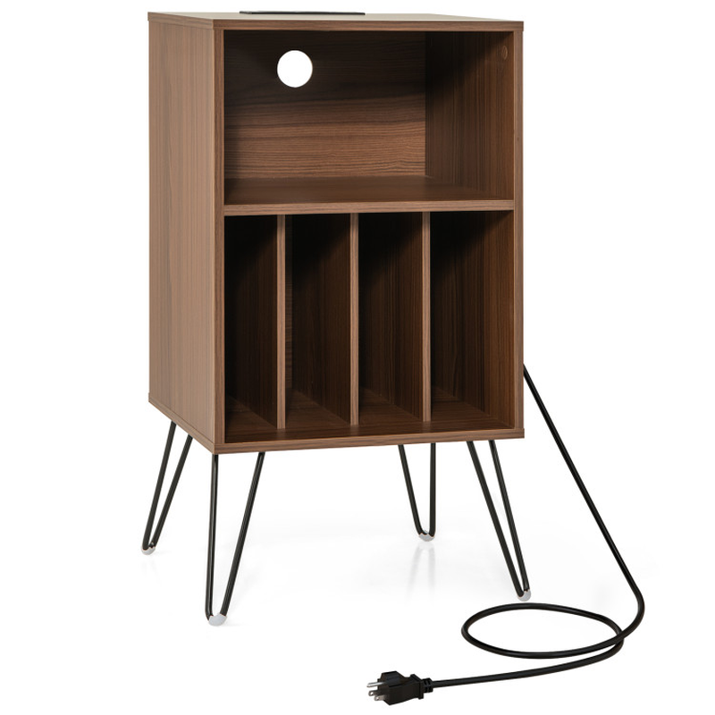 Vintage Record Player Stand with Built-in Charging Station for Living Room or Bedroom-image