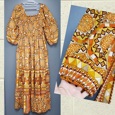 NEW~Anthropologie**ME 2 MAGIC*~TIERED BOHEMIAN Peasant LONG MAXI DRESS~SHIRRED~L