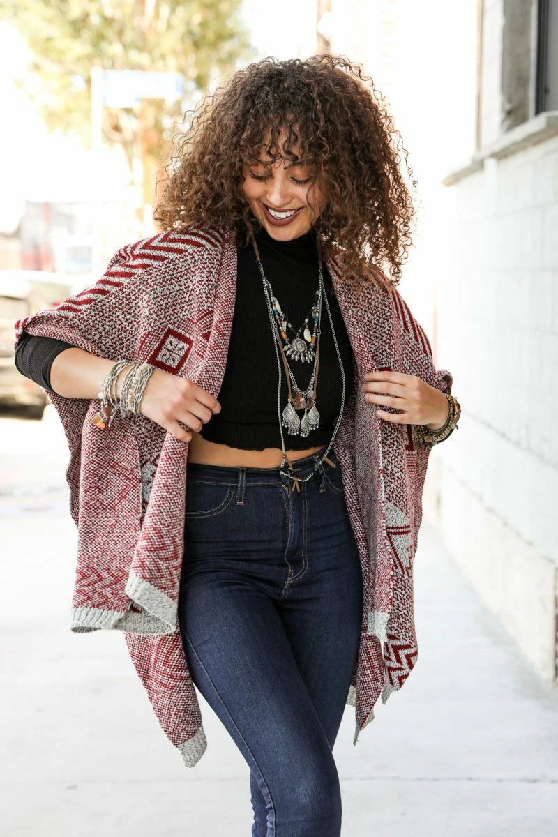 Indie Folk Style Multi Pattern Ruana and Kimono Cardigan Dress