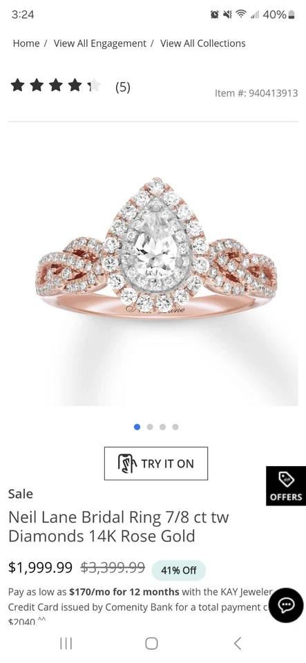 Комплект обручальных и помолвочных колец из розового золота 14 карат с грушевидными бриллиантами 7/8 карата размер 6 Neil Lane - Изображение 3 из 4