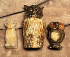 Lot 3 Vintage Owl Art Figurines Stone Ceramic Mid Century