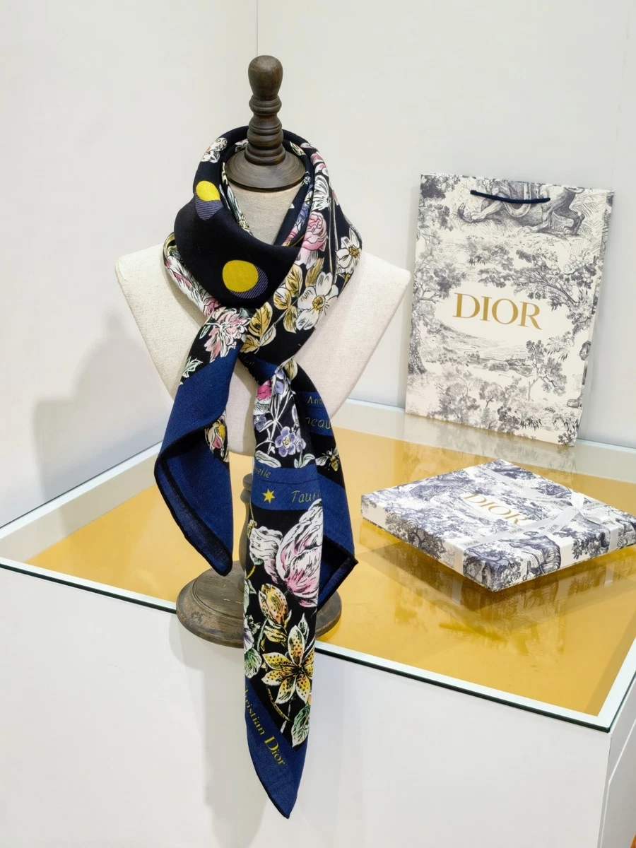 Dior Navy, White & Gold Silk Logo-Print Scarf Dior Blue Scarves & Wraps for Women for sale - eBay main image 3