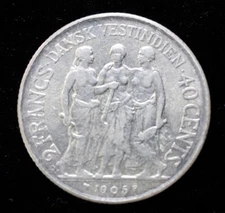 Rare 1905 Danish West Indies Silver 40 cents (2 Franc) Free Shipping