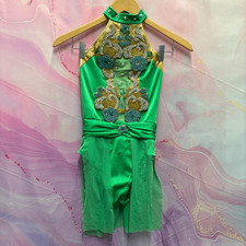 Green Beaded Dance Costume Leotard Rhinestone Ice Figure Skating Gymnast Twirler