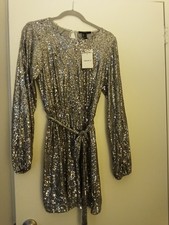 FOREVER 21 Silver Sequin Mini Dress Long Sleeve Belted Size L