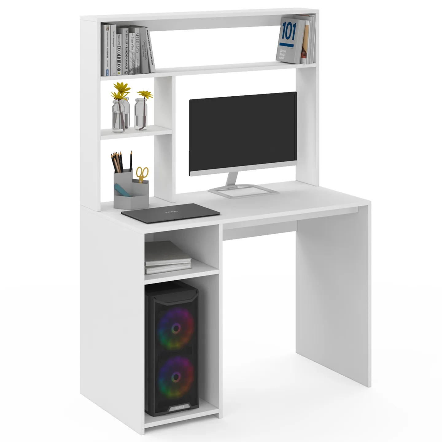 Bureau avec étagères DAN blanc table d'ordinateur compacte avec rangements