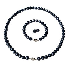 16 Inch Choker Set 9-10mm ROUND Black Pearl Necklace Bracelet Earring Freshwater