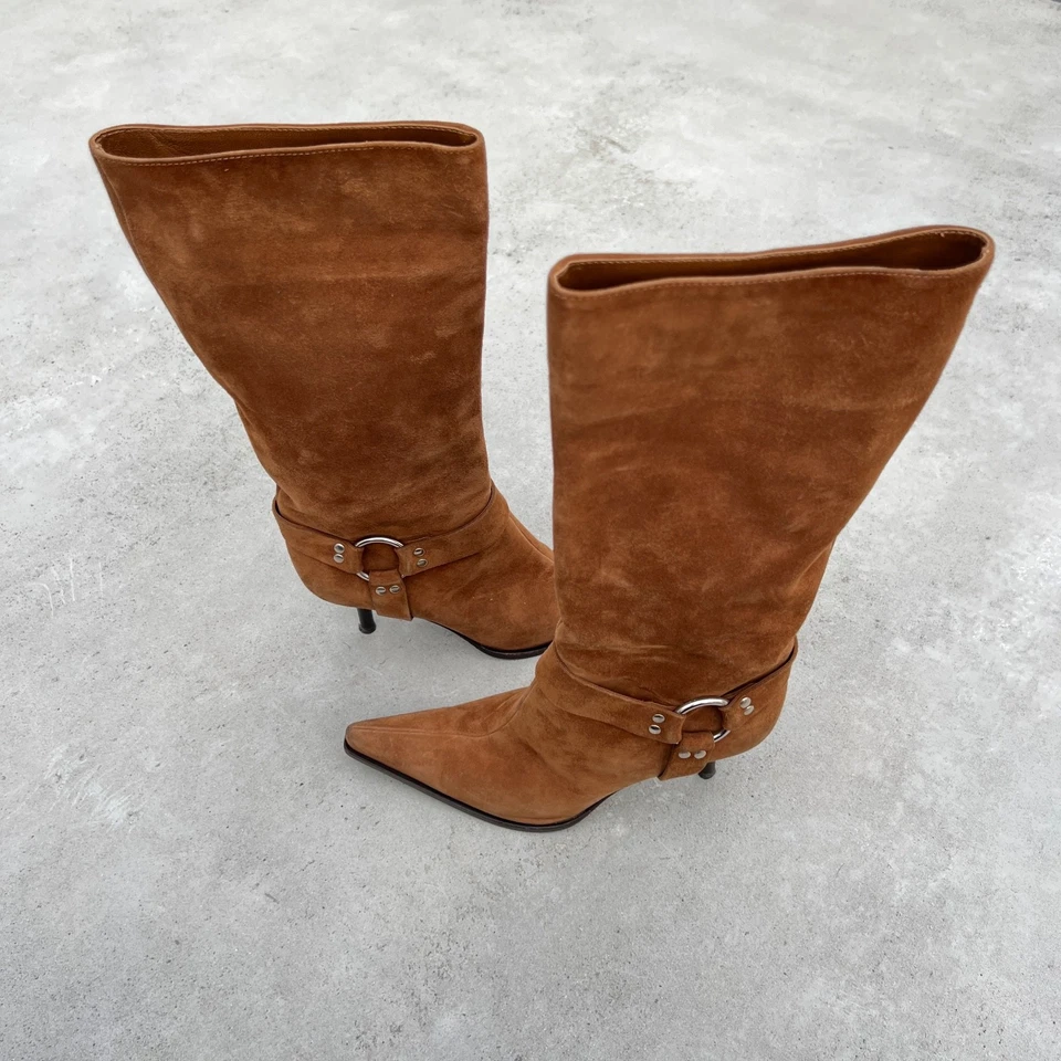 Sergio Rossi | Tan Suede Leather Pointed Mid Heel Western Cowboy Boots (37) - Image 2 of 4