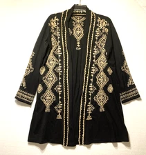 Embroidered Duster Cardigan Womens Small Black Knit Open Front Long Boho Artsy