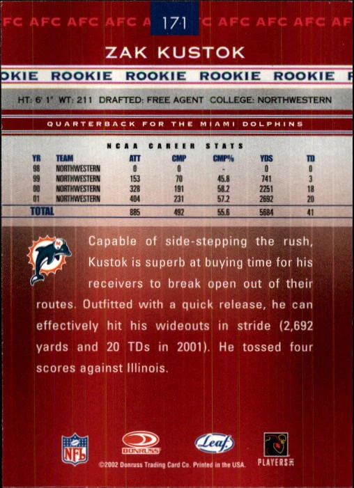 2002 Leaf Rookies and Stars #171 Zak Kustok RC Card - Image 2 of 2