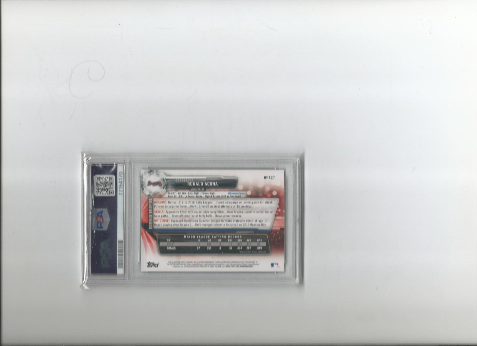 2017, BOWMAN, PROSPECTS;  RONALD ACUNA JR. #BP127, PSA 10. GEM-MINT view 3