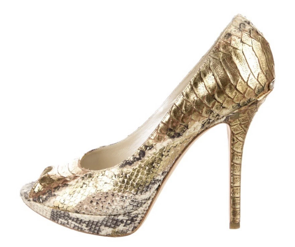 CHRISTIAN DIOR TALONS BOUT OUVERT EN PYTHON MÉTALLISÉ PEAU DE SERPENT TAILLE 8 38