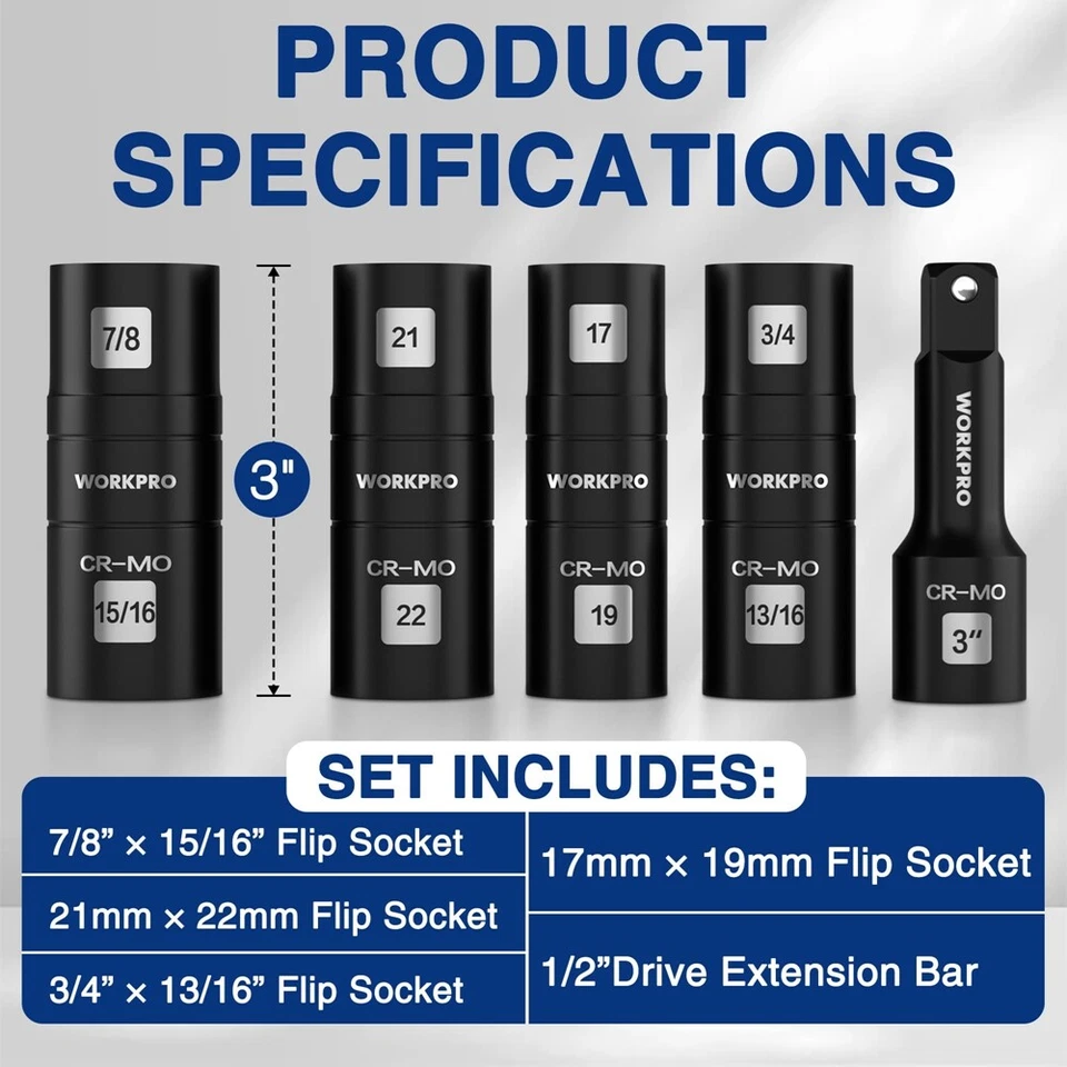 WORKPRO 5PC 1/2" Dr Impact Socket Set Lug Nut Wheel 3" Extension Bar Flip Socket - Image 3 of 4