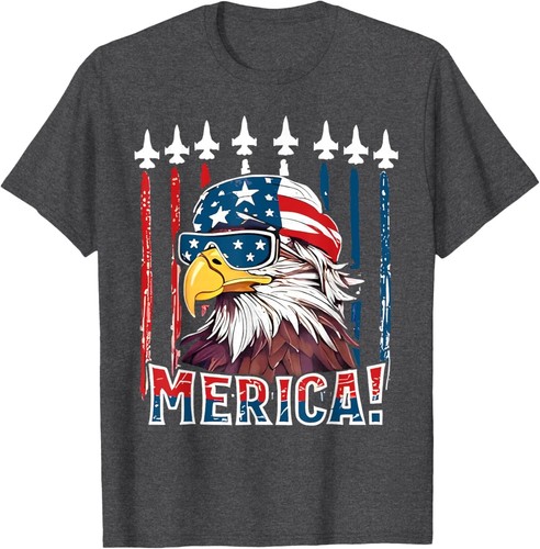 Merica USA Flag American Bald Eagle Patriotic Eagle 4th of July Unisex T-Shirt - Picture 7 of 9