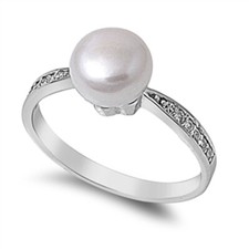 Women 8mm 925 Sterling Silver Freshwater Cultured Pearl CZ Ladies Ring Band