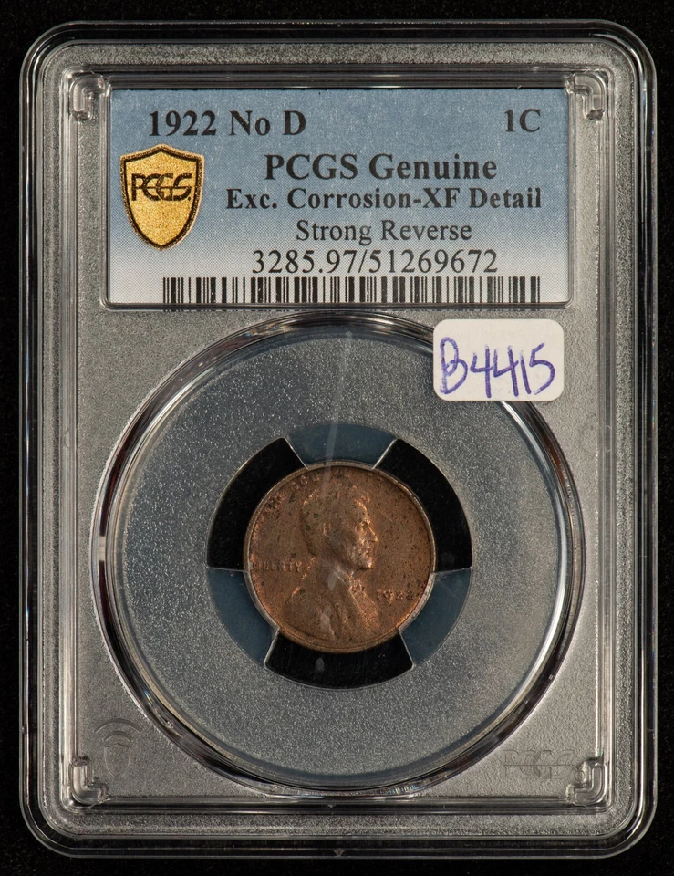 1922 No D 1c Lincoln Wheat Cent Die Pair 2 Strong Reverse - PCGS XF Dets - B4415 - Image 2 of 4