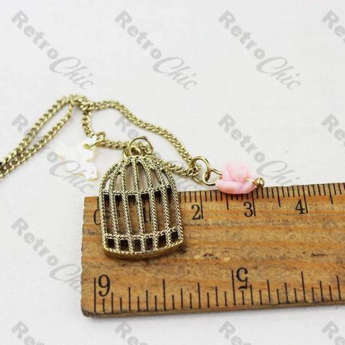 COLLAR CON ENCANTO JAULA DE PÁJAROS rosa rosa cabina mop cadena corta DE COLECCIÓN ORO PLT jaula Foto 4 de 4