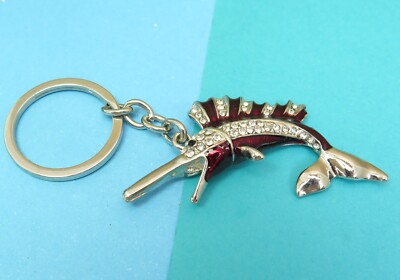 Swordfish Decorative Keychain Silver Tone Rhinestone Burgundy Enamel 2-1/2''