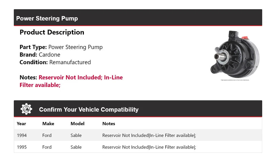Bomba de dirección asistida Cardone para Ford Sable 1994-1995 Foto 2 de 4