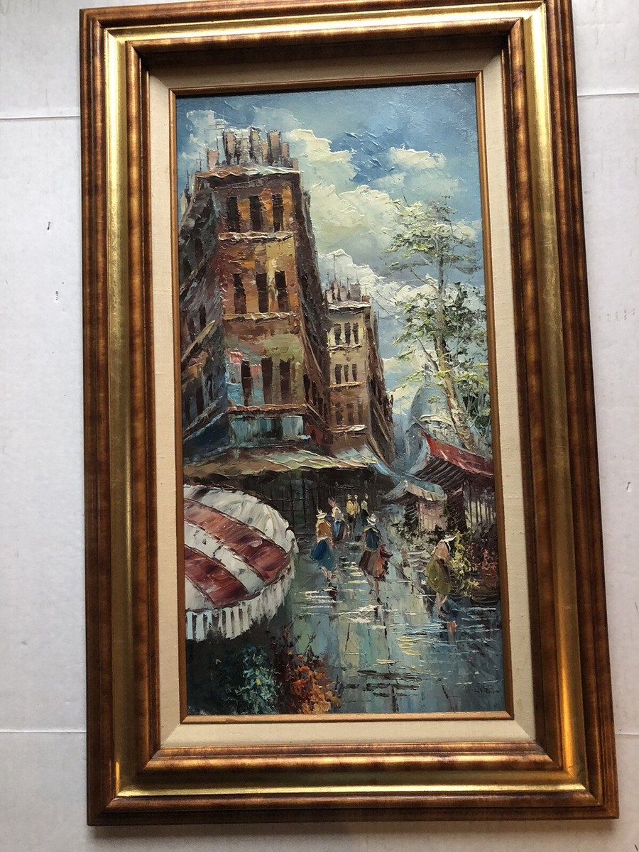 現代の洋画 25 GRAPHIC OIL PAINTING NOW Vtg Artist signed W Engel Original Oil Painting CITYSCAPE